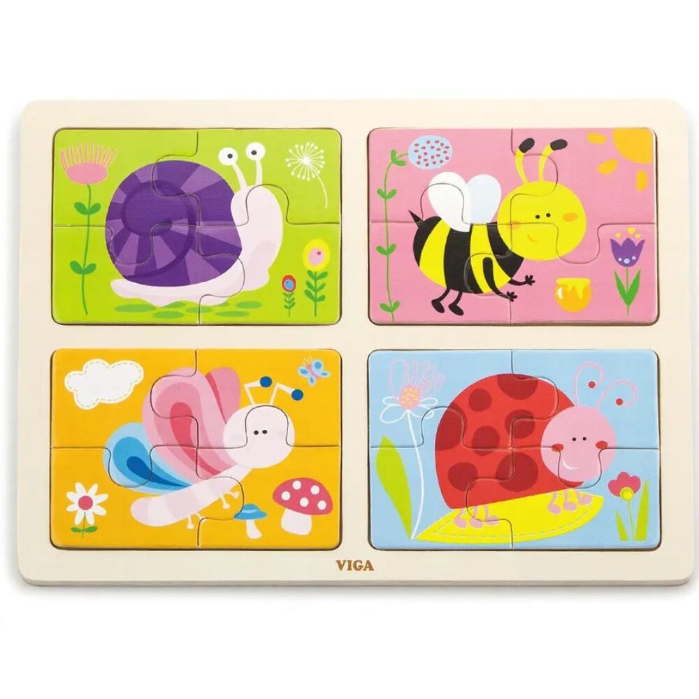 VIGA  4-in-1 Flat Wooden Puzzle w/Tray -Insects New Sealed For Age 18 Months+